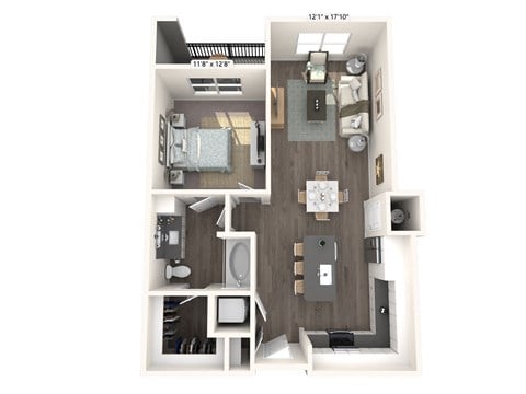 Floor plan for 1 bed, 1 bath, 775 sqft